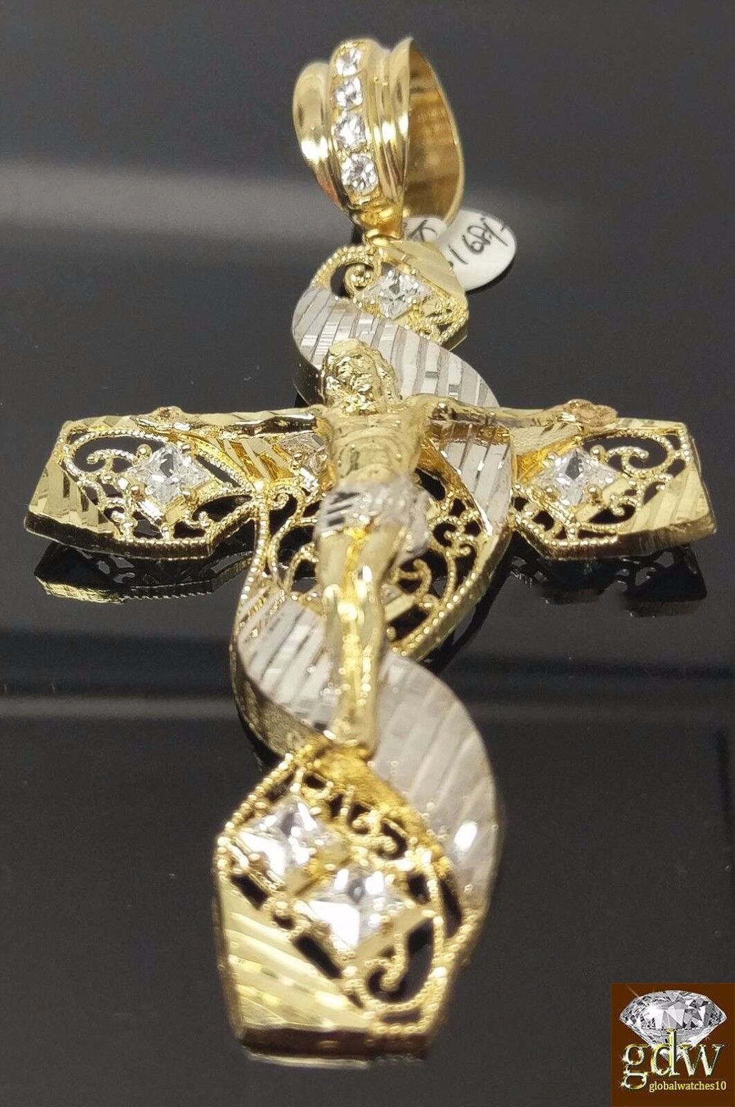 New 10k Yellow White Gold Jesus Crucifix Cross Pendent Diamond Cut - GoldenlinQ